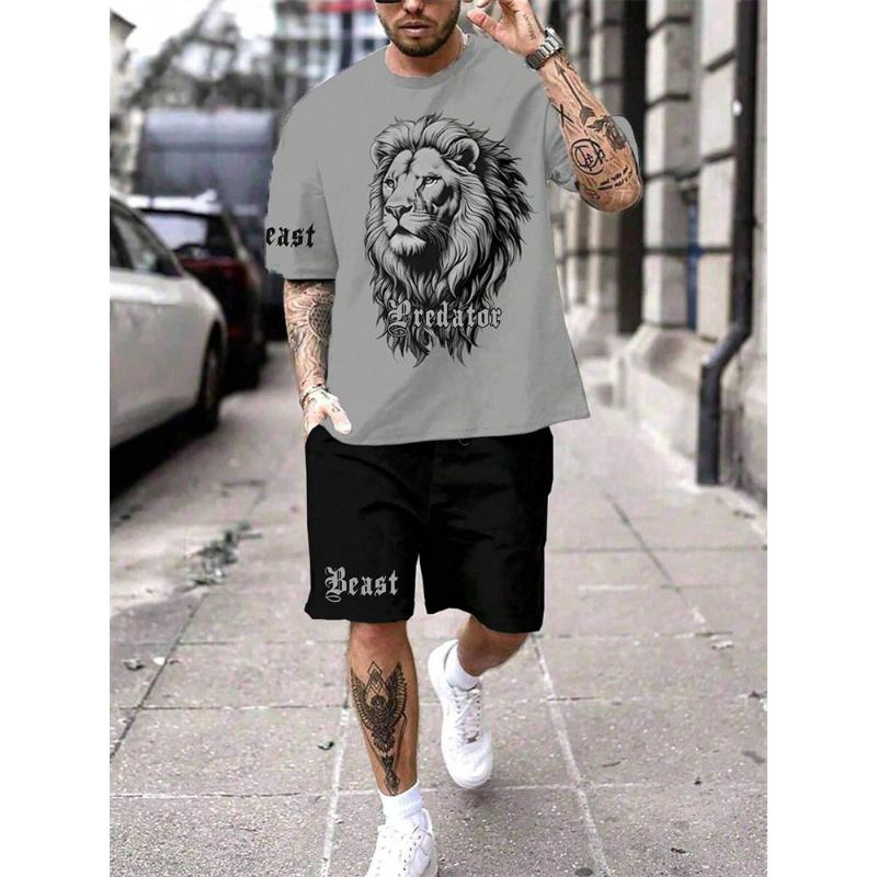 New Crew Neck Short Sleeve T-shirt Fashion Shorts Set 3D Lion Print Short Sleeve Shorts 2-piece Men's Summer Sports Set
