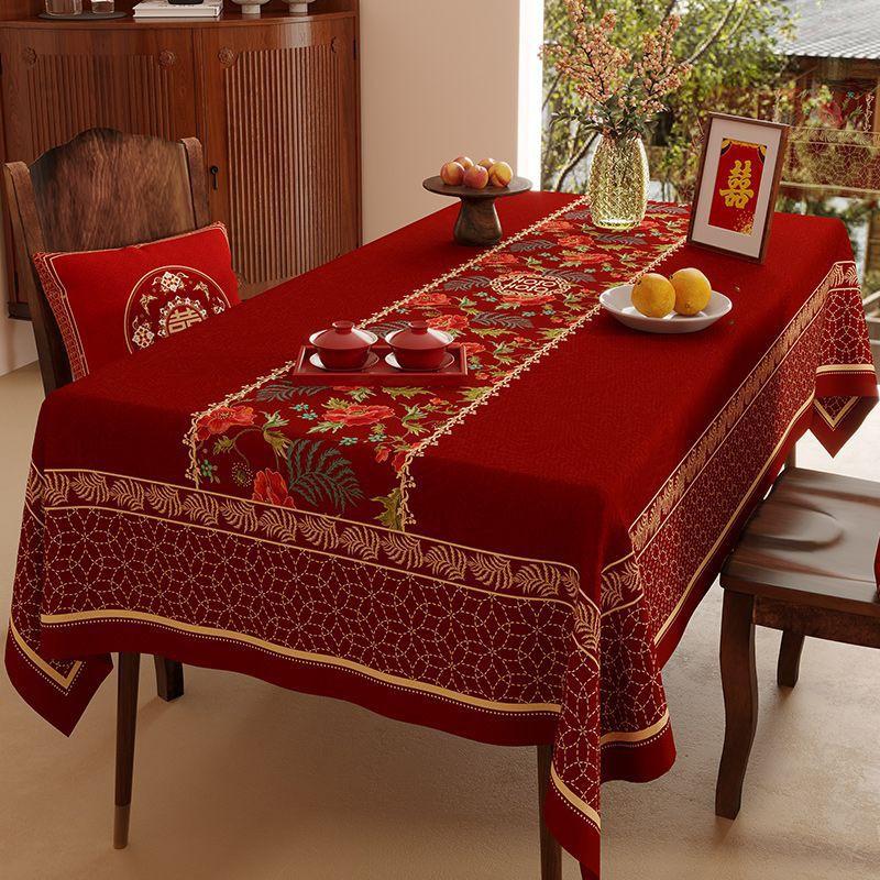 Elegant Red Wedding Tablecloth Rectangular Velvet Waterproof Decorative Dining Table Cover Banquet Celebration