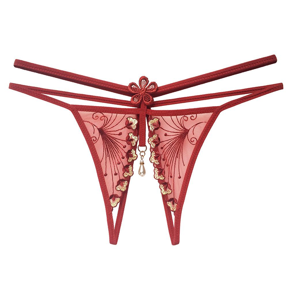 Want To Tie Julie * Embroidered Lace Open Panties Women's Erotic Beads Transparent Seduction Low Waist Free Thong
