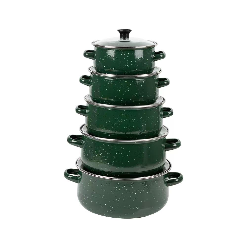 Sada smaltovaného nádobí s tečkami: Zesílené 5dílné hrnce na polévku (Model 673DG-K)