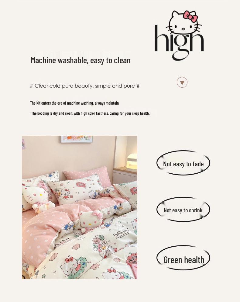 Hello Kitty All-Cotton Cute Cartoon Girl Fitted Sheet & Duvet Set - 4-Pc Dorm Style