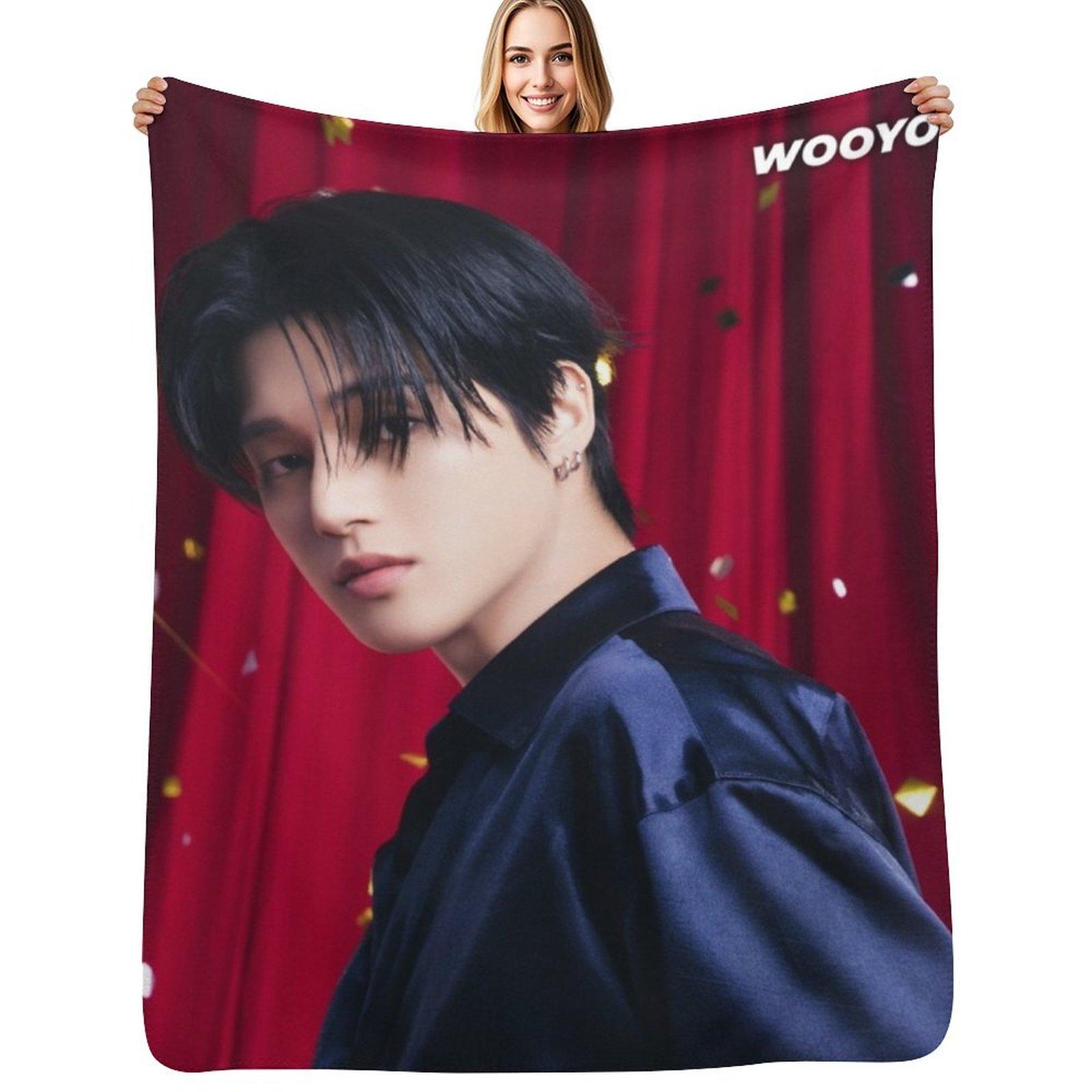 WOOYOUNG Birthday ATEEZ KPOP Throw Blanket Multi Use Warm Blanket for Living Room Bedroom Size: 75*100cm, Weight: 230 GSM
