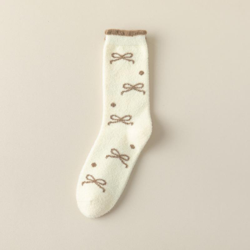 5/10 Pairs Casual Winter Australian Wool Socks for Women Thickened Warm Bow Tie Floor Socks Medium Length Socks In Coffee Color Plush Socks