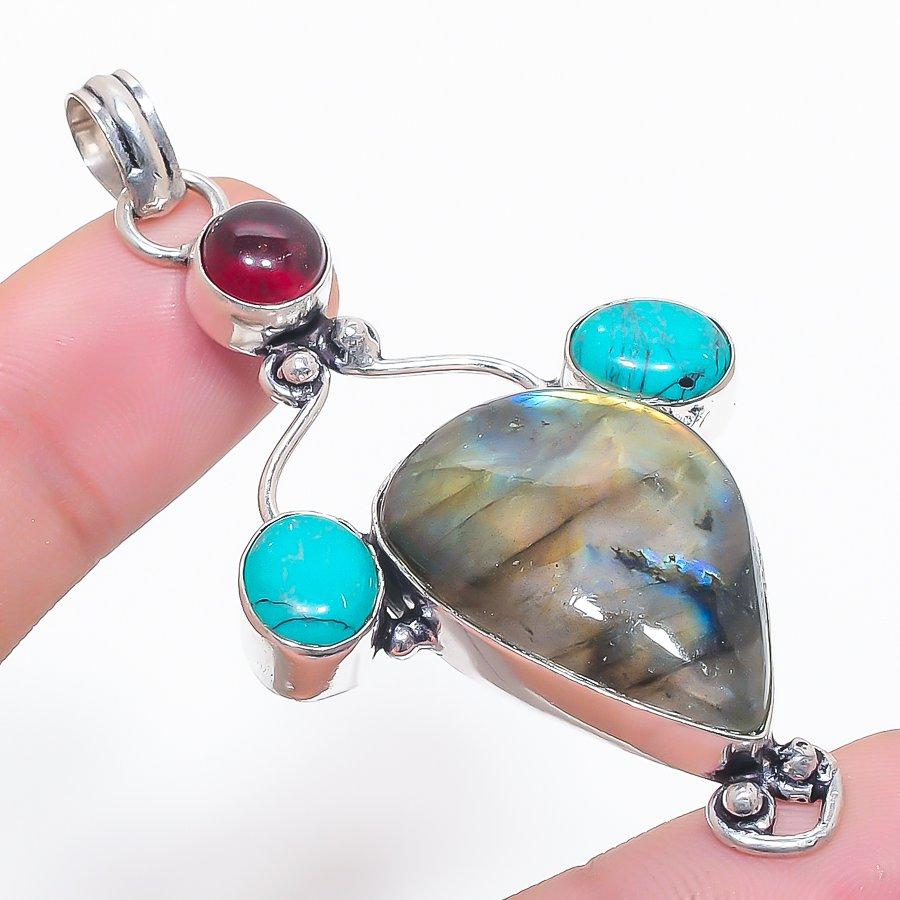 Labradorite, Turquoise Gemstone 925 Sterling Silver Jewelry Pendant 2.64"