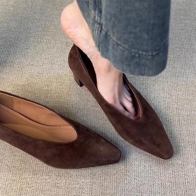 Leather Version~ Commuter Matte Leather Simple One-pedal Single Shoes Women's French Shallow Mouth Square Head Retro Thick Heel Grandma Shoes