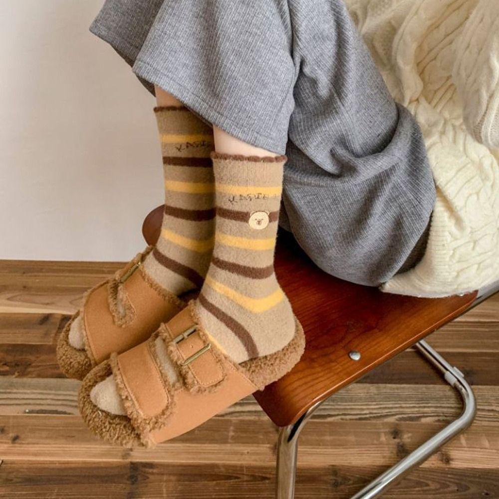 1Pair Cartoon Winter Socks Soft Middle Tube Socks Cute Floor Sleep Socks  for Woman Girls