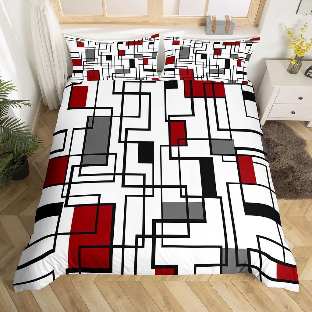 Geometric Squares Duvet Cover Set Red Beige Circle Bedding SetModern Simple Style Comforter CoverAbstract Art Quilt Cover King