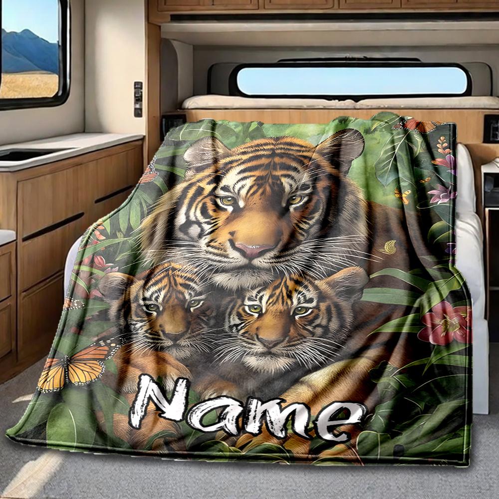 Tiger Family In Lush Jungle Garden Blanketcustomizable With Your Namecomfortable And Stylish Perfect For Travel Beds Chairs Offices Sofas