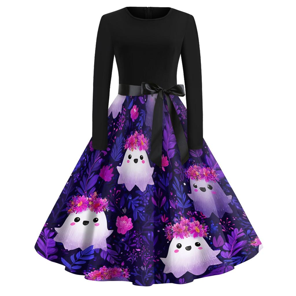 Women's Casual Vintage Halloween Print Dress Long Sleeve Round Neck Retro Style Midi Dress with Waist Tie for Everyday Wear