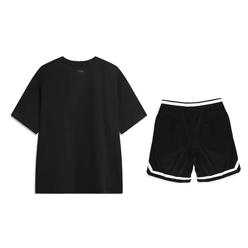 Li Ning American Letter Round Neck Pullover Short Sleeve Casual Sports Suit Unisex suit Black AHSU671-1+YAPV001-1
