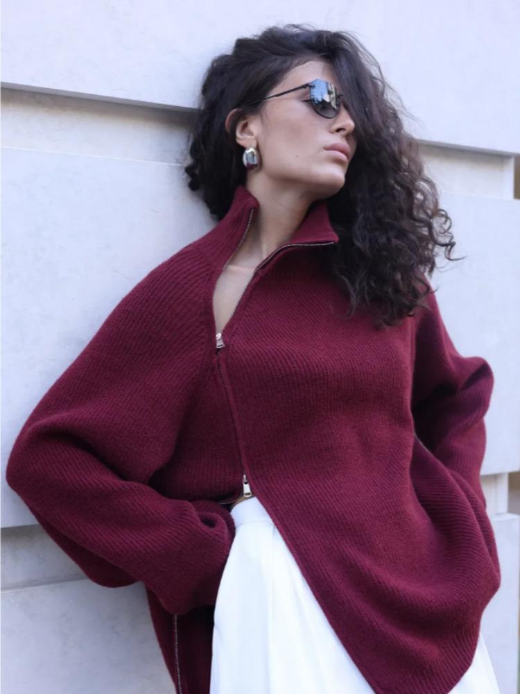 Europe, America and Russia knitted cardigan autumn and winter hot casual side zipper loose stand-up collar women's sweater jacket
