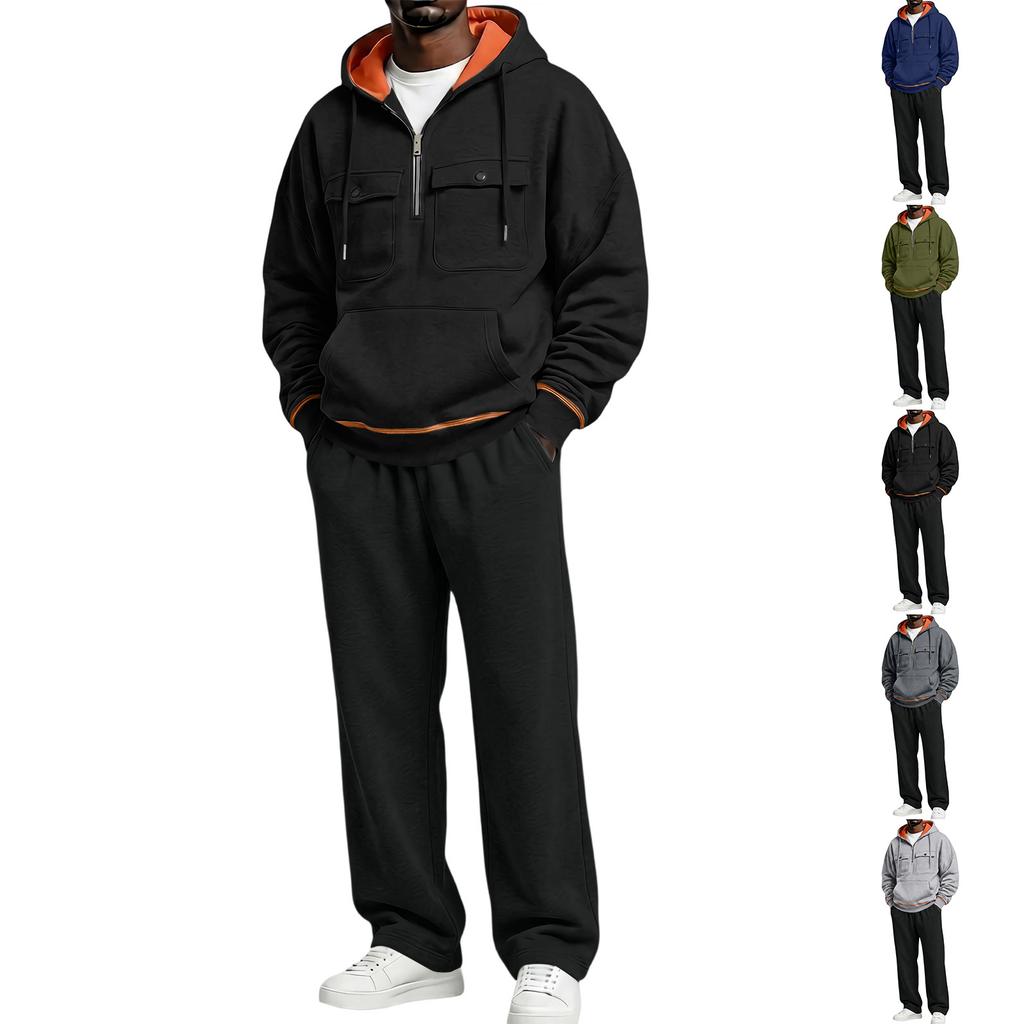 Men's Lined Hooded Sweatsuit Set with Straight Leg Black Pants, Casual Loose Fit for Fall Winter