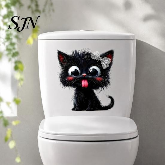Süße Haustier-Themen Badezimmerdeko Halloween Zunge Raus Schwarze Katze Toilettendeckel Aufkleber, Cartoon Kätzchen Kreative Heimgeschenke Aufkleber, Wasserdicht