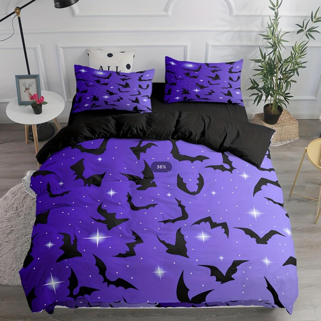 

Purple Printed Duvet Cover Set, 3pcs Flying Bats Black White Bedding Sets For Bedroom Dorm Room, Halloween Theme Bedding US Twin(172x218cm)
