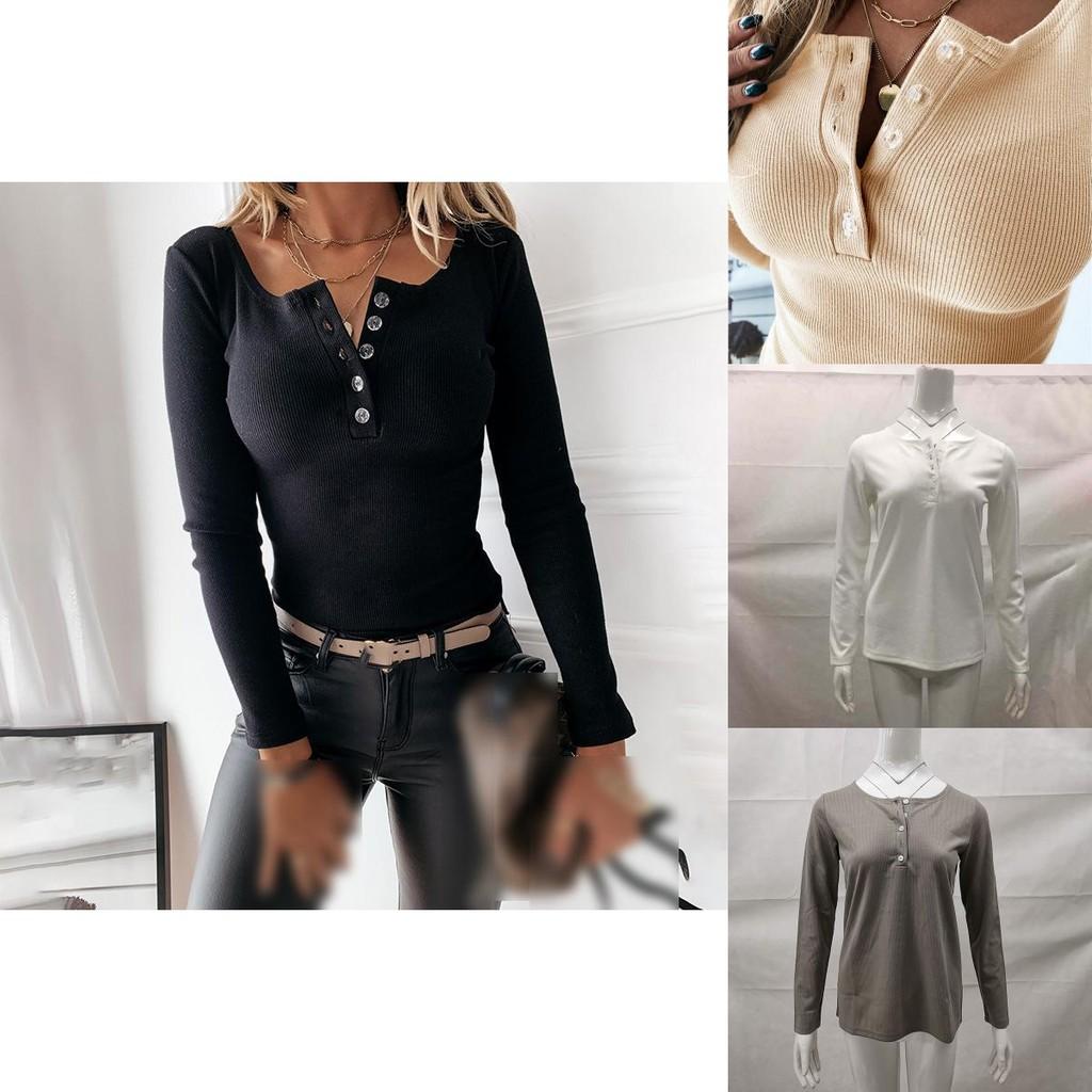 Fashionable Ladies Long Sleeve V Neck Button T Shirt Tee In Solid Colors For Casual Outfits