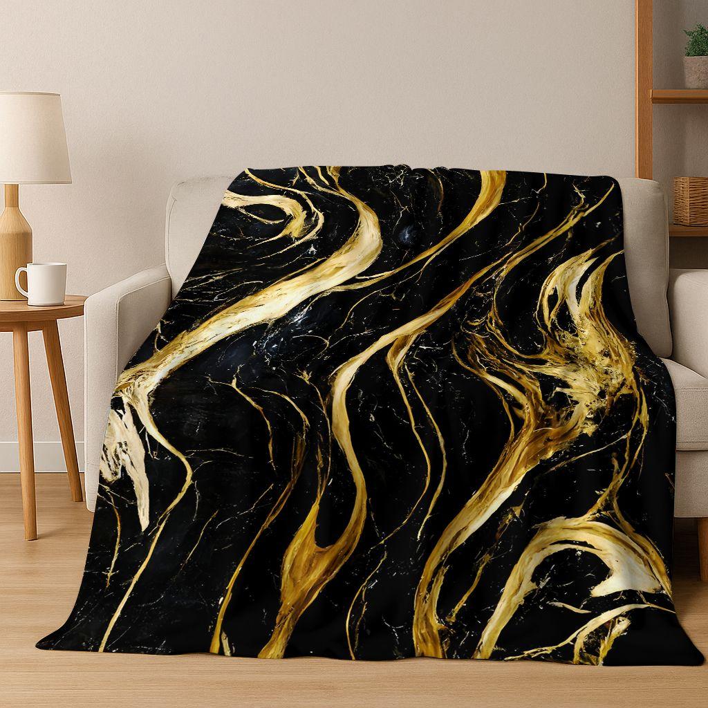 Luxurious Black Green Gold Marble Colorful Stone Texture Art Flannel Blanket,Cozy Soft Throw Blanket for Home Bedroom Bed Sofa
