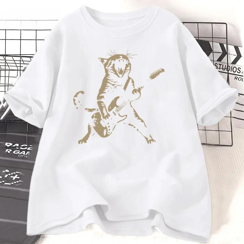 Rock Cat Playing Guitar T Shirt Women Funny Guitar Cat T-Shirt Casual Short Sleeve O Neck T-shirts Streetwear