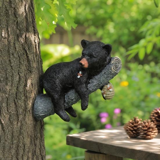 Cute Black Bear Cub Garden Statue, Tree Branch Decor with Honeycomb & Bee Accents for Outdoor Yard, Fence or Indoor Wall Decoration