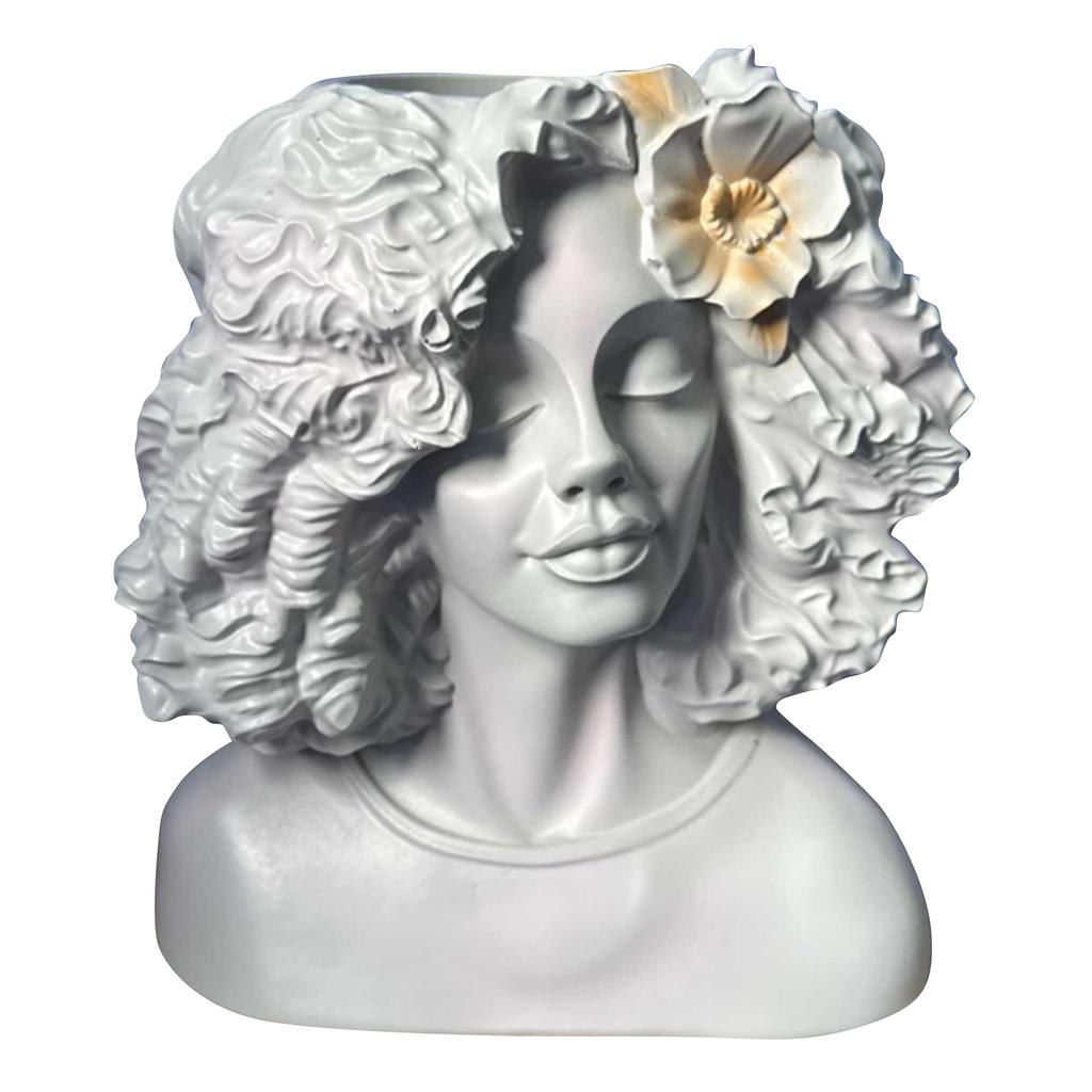 Decorative Female Bust Planter with Textured Hair and Layered Neck Rings Resin Sculpture Indoor Outdoor Pot Holder