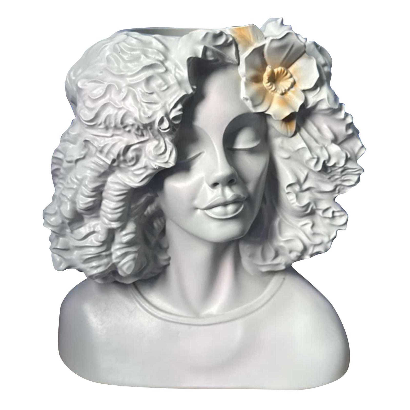 

Decorative Female Bust Planter with Textured Hair and Layered Neck Rings Resin Sculpture Indoor Outdoor Pot Holder