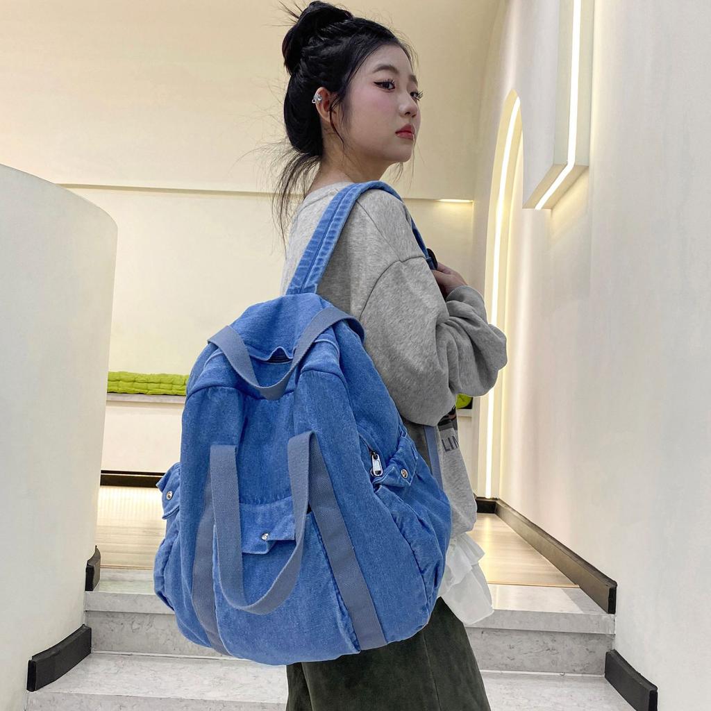Denim Canvas Schoolbag Male and Female College Students Junior High School Backpack Portable Washed Leisure Travel Backpack