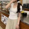 La Chapelle Women's U-Neck Ribbed Slim Fit Short Sleeve T-Shirt