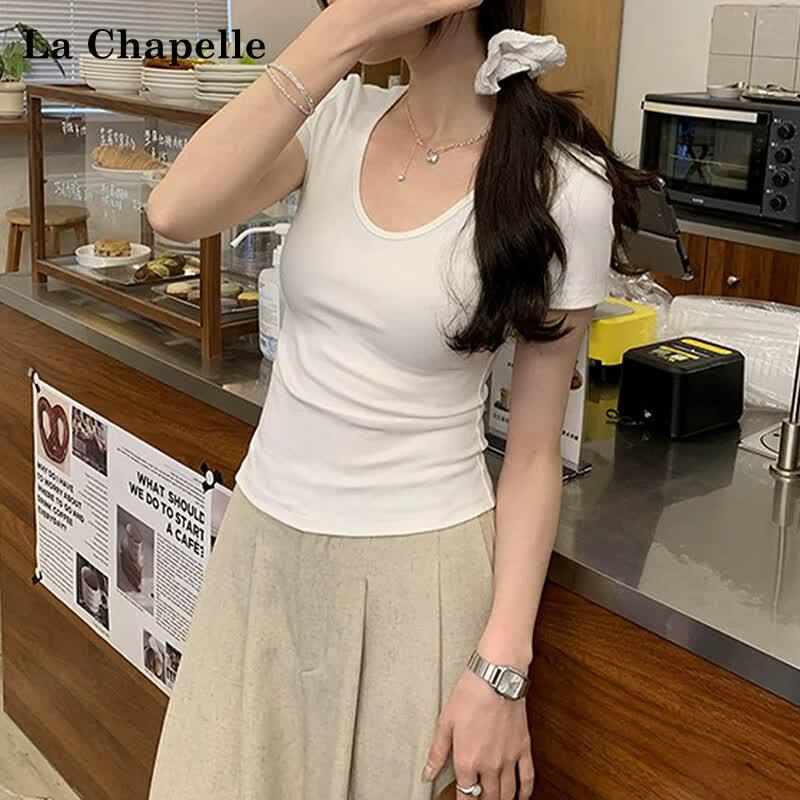 La Chapelle Women's U-Neck Ribbed Slim Fit Short Sleeve T-Shirt