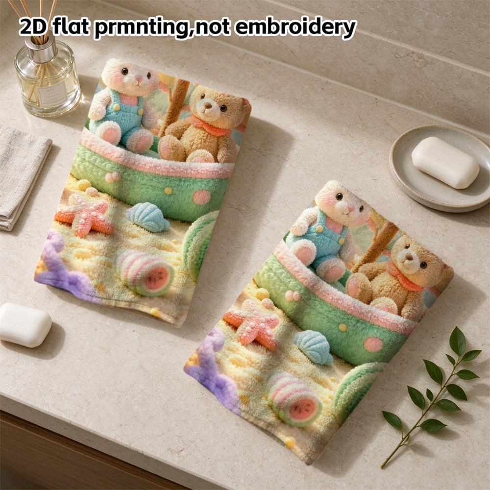 Bunny Bear Sailboat Beach Print Towel, Soft Absorbent Kids Bath And Swimming Towel