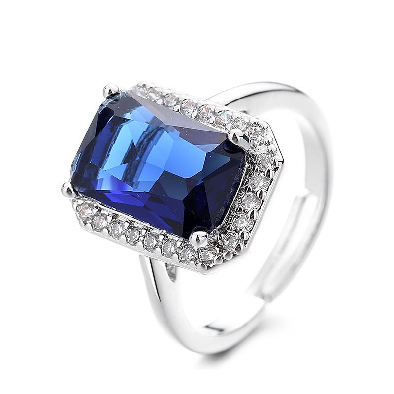 Retro Rectangular Sea Blue Full Diamond Colored Treasure Open Ring Women'S High Sense Light Luxury Ring Copper Jewelry