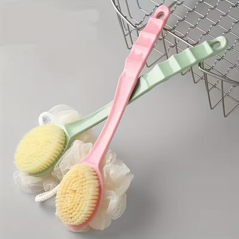 Double-Sided Long Handle Bath Brush Soft Sponge & Bristle Shower Scrubber for Deep Cleaning and Body Exfoliating