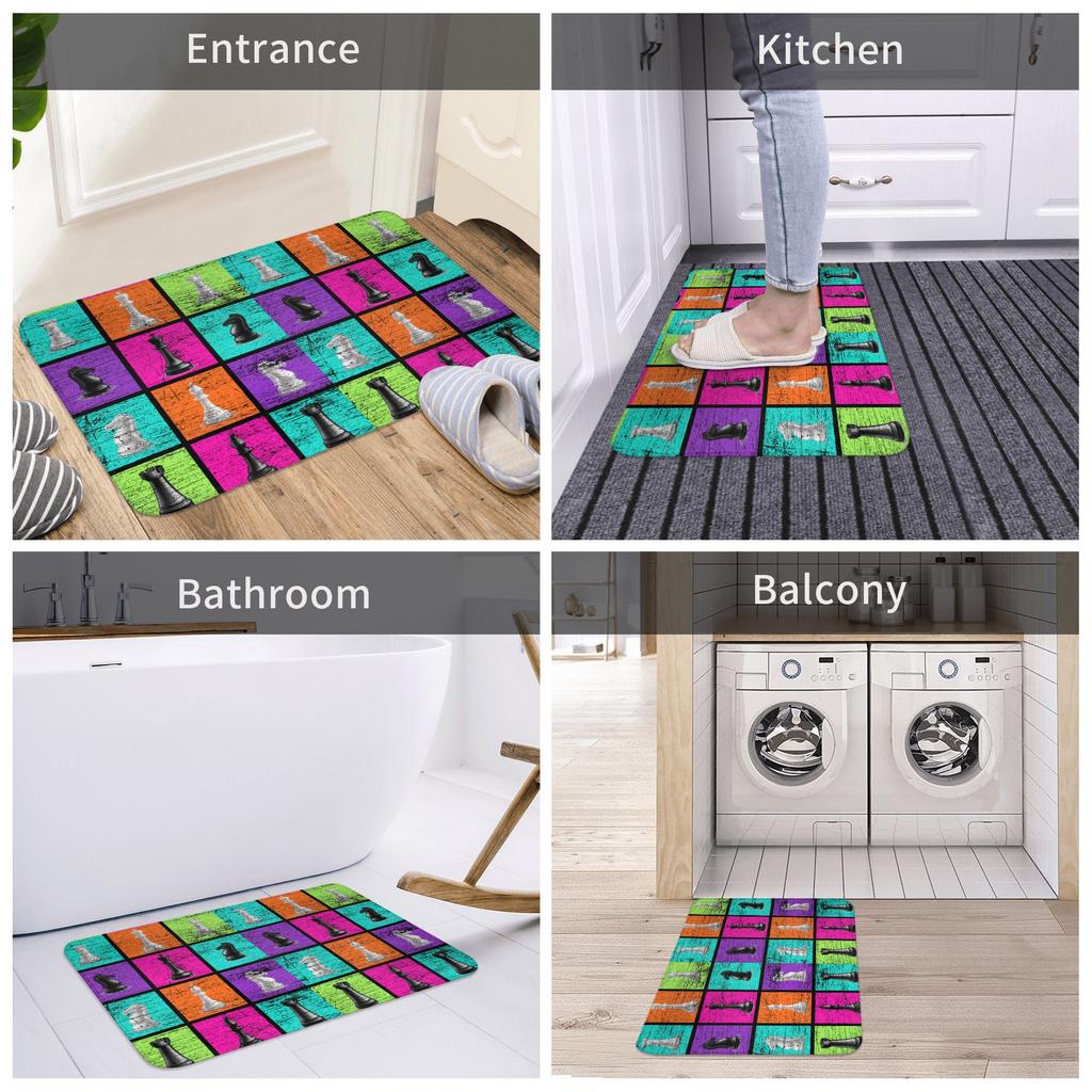 Retro Schachfiguren Schach Fußmatte für die Haustür Rutschfest Wasserdicht für den Innenbereich Schachbrett Spiel Türvorleger Wohnzimmer Eingangsteppich Teppich