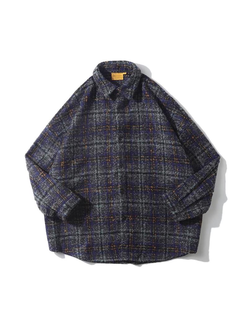 Japanese Retro Plaid Wool Shirt, Men's and Unisex Long Sleeve Jacket, Korean Style Trendy Spring & Fall Casual Wear