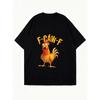 Oversize T-shirt Czarny F Caw F Nadruk z Kogutem Codzienne Ubranie dla Kobiet Letnia Streetwear Modny Top