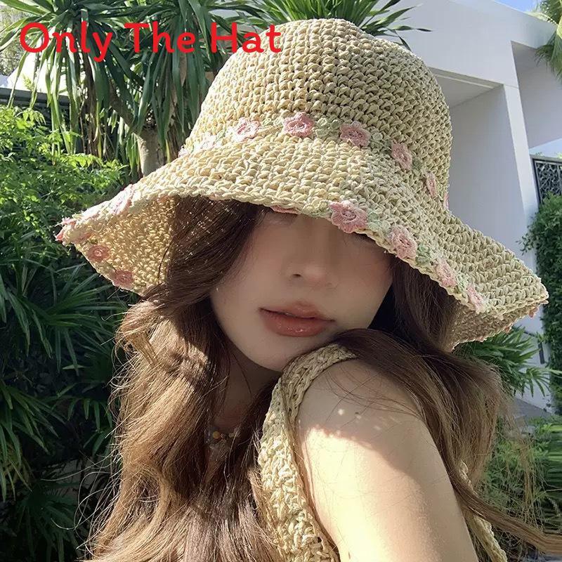 

Summer Straw Hat With Wide Brim And Bow For Beach Vacation Women WhitePink
