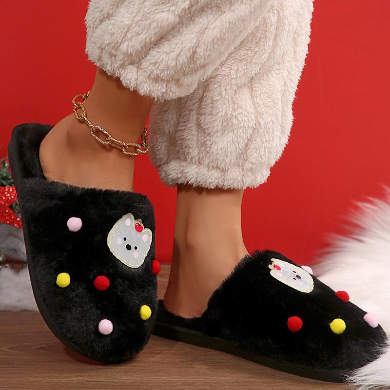 Fashion Cute Cartoon Pattern Soft Plush Slippers Women Indoor Non Slip Warm House Slippers Woman Black White Fuzzy Comfort Winter Shoes
