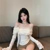 Korean Style One-Shoulder Lace Flower Long Sleeve Slimming Top