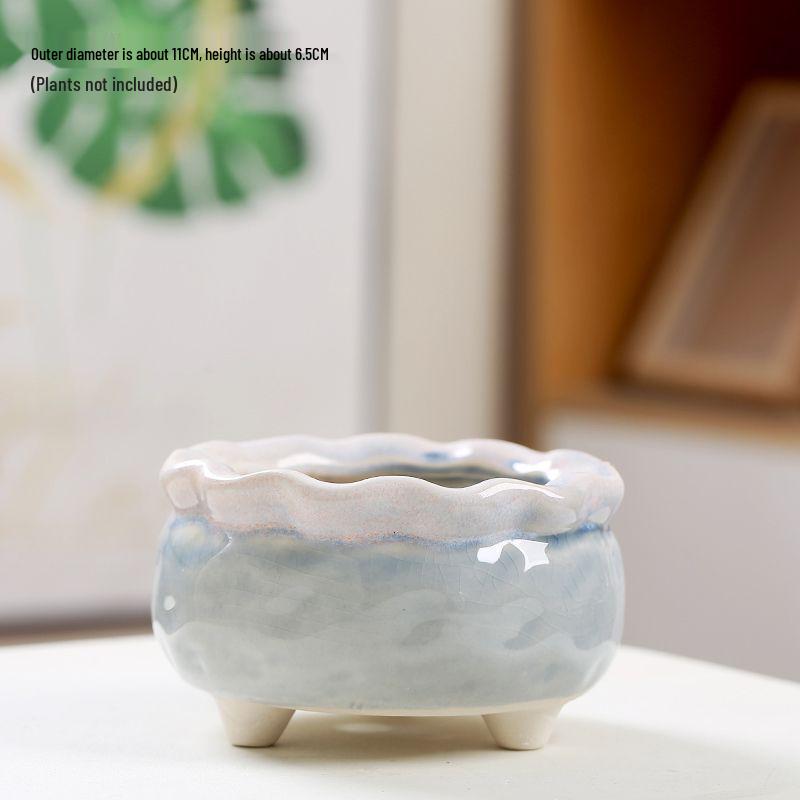 Ceramic Succulent Flower Pot with Ice Crack Glaze, Creative Design, Breathable with Drainage Holes.