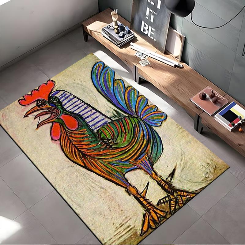 Colorful Artistic Rooster Illustration Rug Non-slip Rug Suitable for Living Room and Bedroom Sofas.