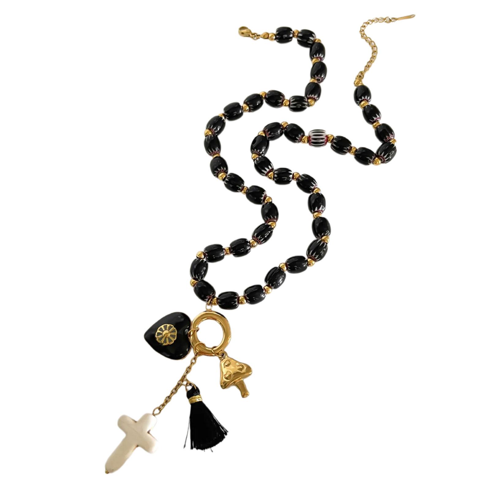 Gothic Styles Adjustable Beaded Necklace Stainless Steel Chain With Crosses Charm Black Acrylic Hip Hop Jewelry 1