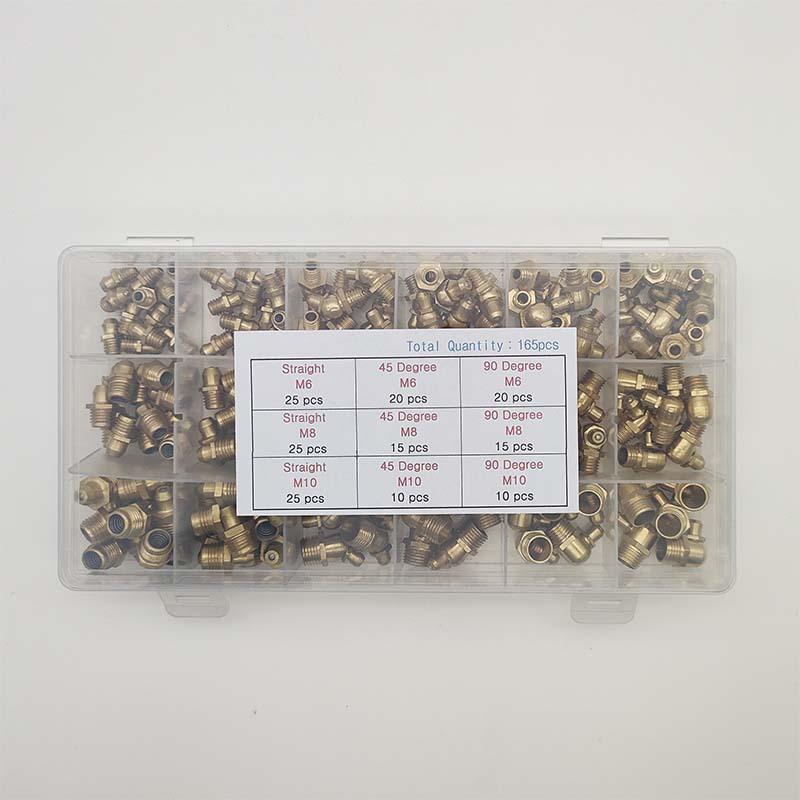 165-Piece Brass Grease Nipple Set - M6, M8, M10 Combination with Straight and Bent Oil Injection Cups