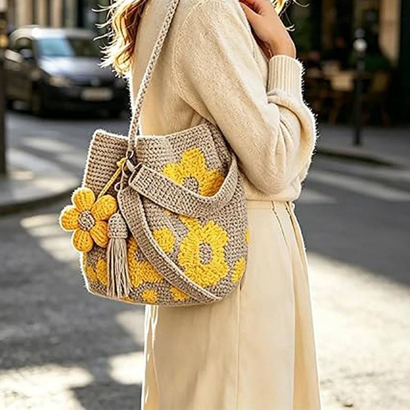 Handmade Crochet Flower Tote Bag With Pu Material For Gift Giving And Casual Use
