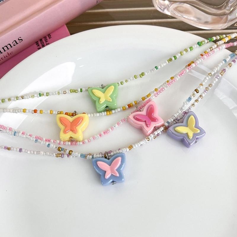 Acrylic Butterfly Beaded Necklaces Butterfly Pendant Choker Beads Chokers Party Accessories Gift for Women Girlfriends