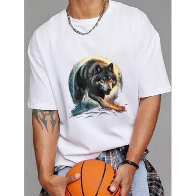 Camiseta de Lobo con Estampado de Lobo Blanco y Luna para Uso al Aire Libre y Casual