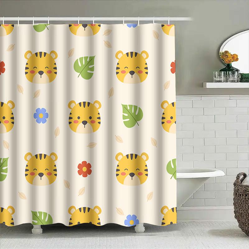 Adorable Animal Print Shower Curtain For Kids Bathrooms Tiger Head Design With Leaves And Flowers In Multicolored Pattern