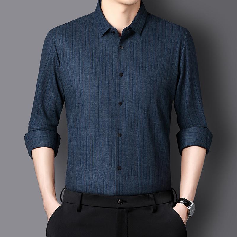 

Мужская полосатая рубашка с длинным рукавом - Бесшовная деловая футболка из шелка тутового дерева и мериносовой шерсти для мужчин среднего и молодого возраста M аква голубой