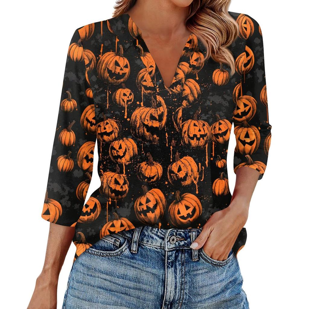 Damenmode Lässig Revers 3/4 Ärmel Halloween Print Hemd Damen V-Ausschnitt Oberteile