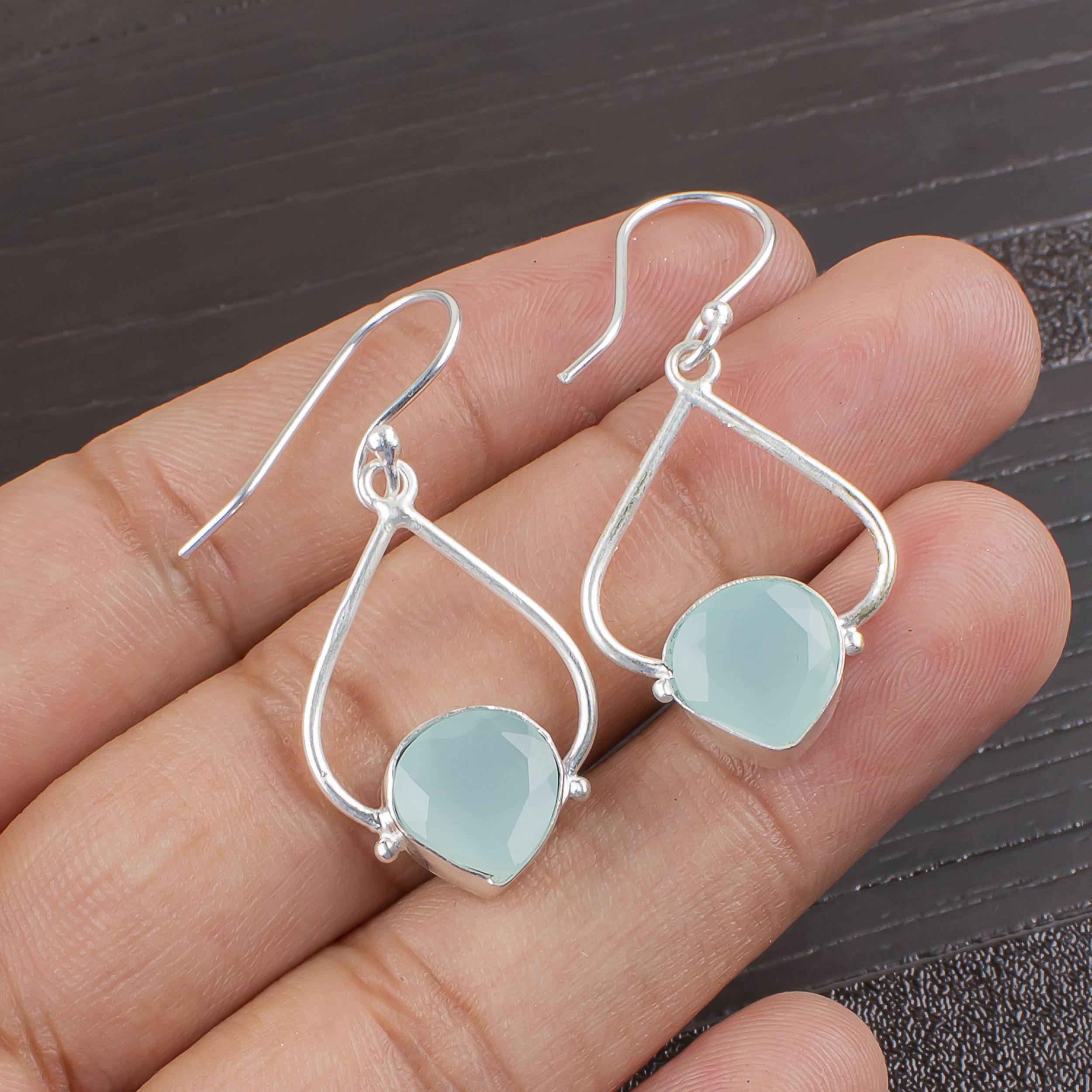 

Ювелирные изделия из аквахалцедона и серебра, серьги из стерлингового серебра 925 пробы, повседневные украшения ручной работы для женщин 1.80 Inches синий