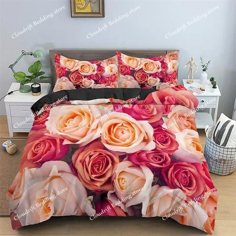 Floral Duvet Cover Set Full Size 3D Red Rose Bedding Set Microfiber Romantic Flowers Quilt Cover Wedding Valentine's Day Decor