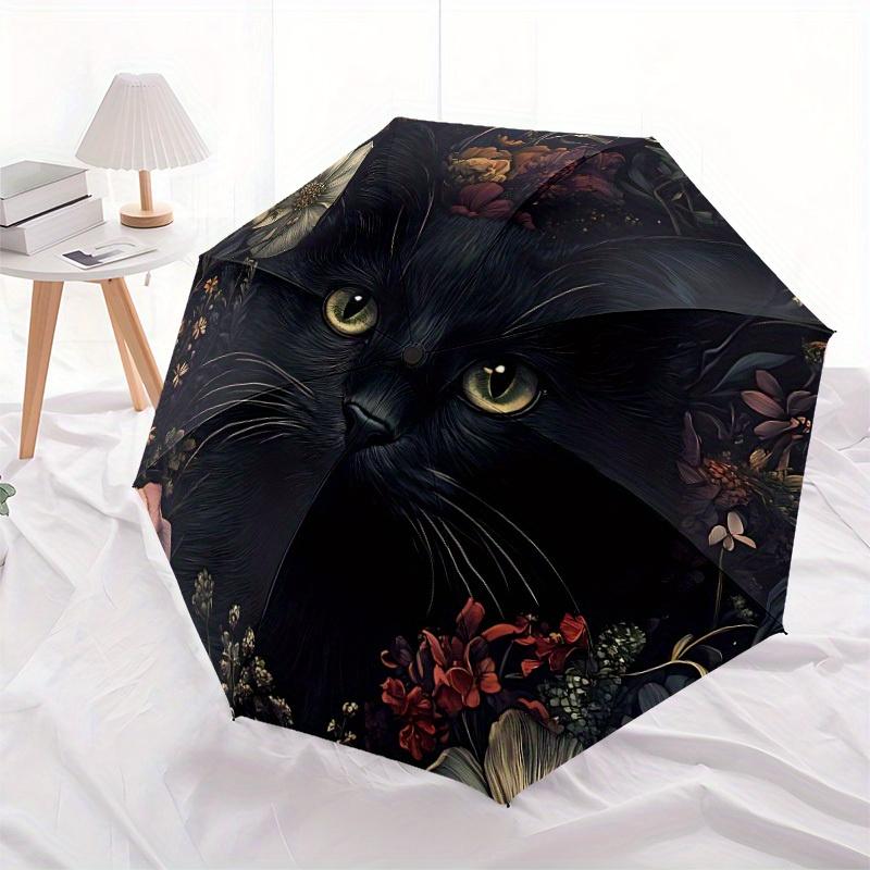 1 Stück Schwarze Katze Blumenmuster Automatischer Öffnungs-/Schließ-Faltregenschirm, Kompakter Tragbarer Reise-Regenschirm, Perfekt für Geburtstag/Weihnachten, Niedlicher Regenschirm