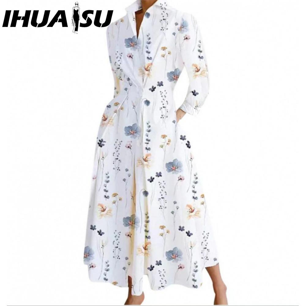 IHUASU Modă Femei Primăvară Toamnă Mânecă Lungă Guler POLO Rochii Casual